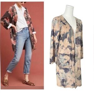 Anthropologie solitaire BOHO Floral Long Sleeve faux suede cardigan  Sz Small